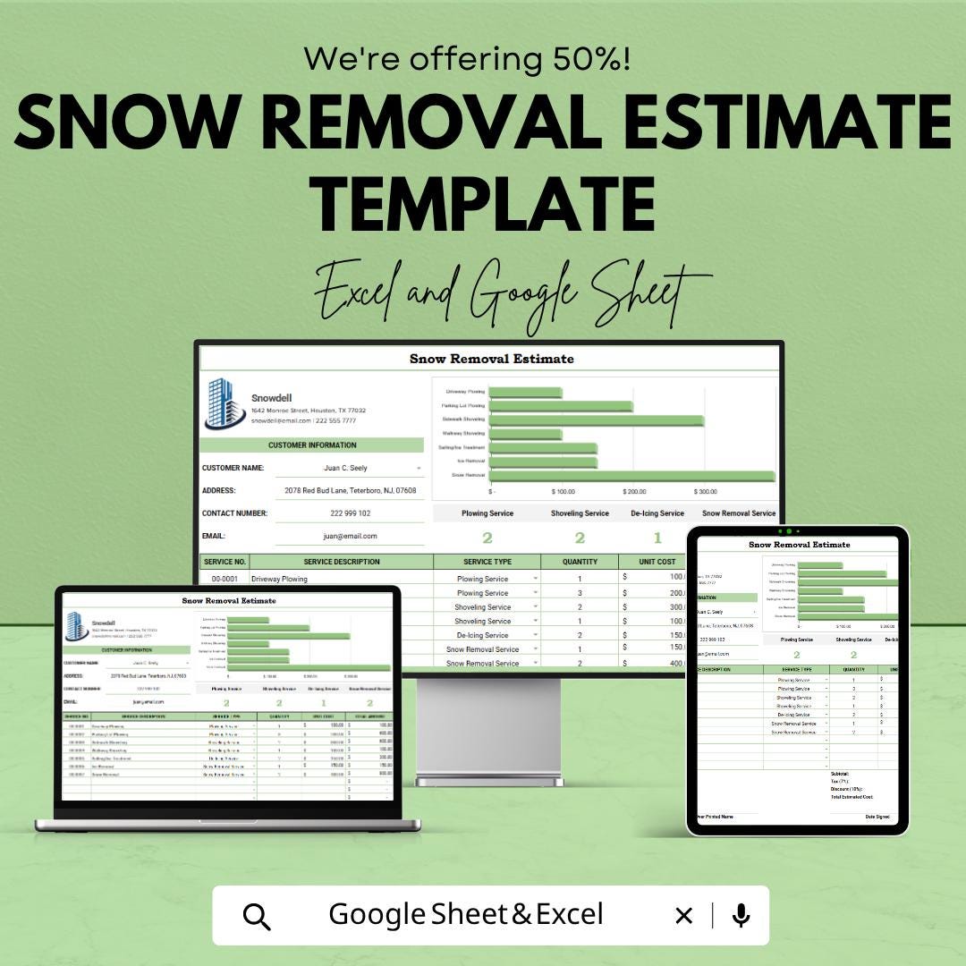 Snow Removal Estimate Template Excel Google Sheets | Snow Plowing Invoice Template | Landscaping Estimate Spreadsheet | Service Quote