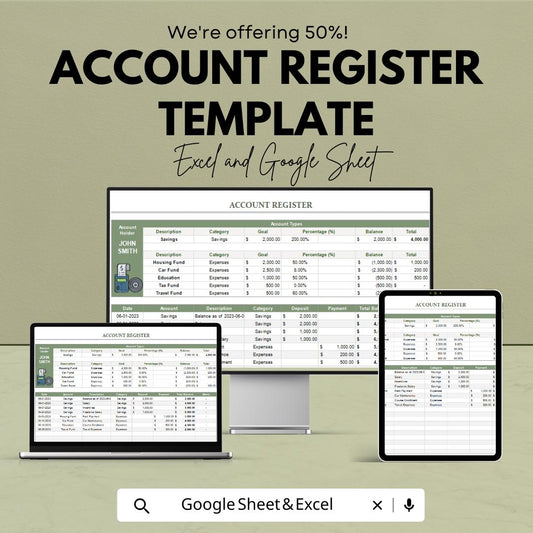 Account Register Template | Savings and Budget Register | Financial Log Spreadsheet | Money Management Sheet
