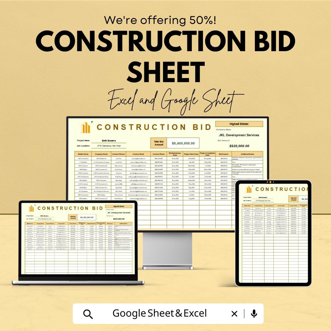 Construction Bid Sheet Template for Projects | Excel & Google Sheets | 50% OFF