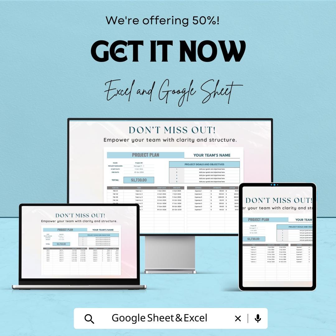 Project Plan Sheet for Team Management – Google Sheets Template – Task Management, Budget Tracking, Project Timeline – Digital Download