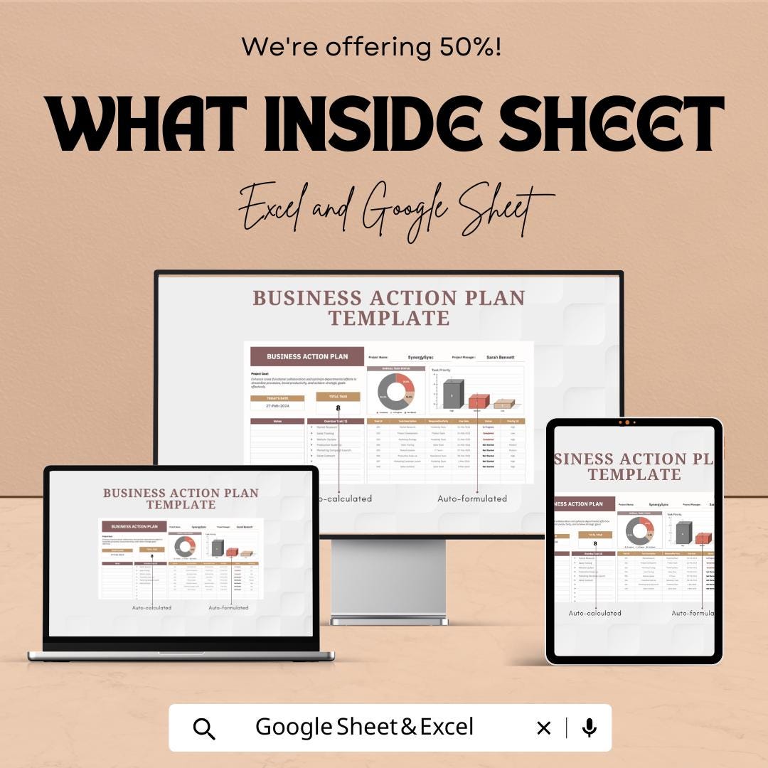 Business Action Plan Template | Project Planner | Task Management Spreadsheet | Goal Setting Template | Business Planner