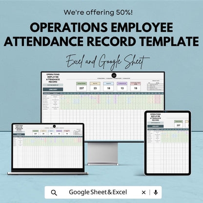Operations Employee Attendance Record Template, Monthly Attendance Tracker, Staff Attendance Sheet, HR Attendance Log, Excel & Google Sheets