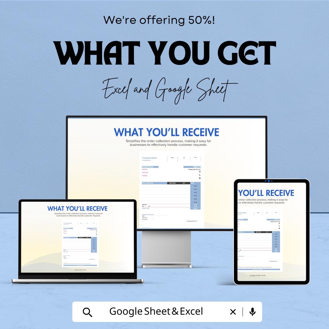 Simple Order Form Sheet | Excel & Google Sheets Template | Customizable for Small Business Orders | Instant Download
