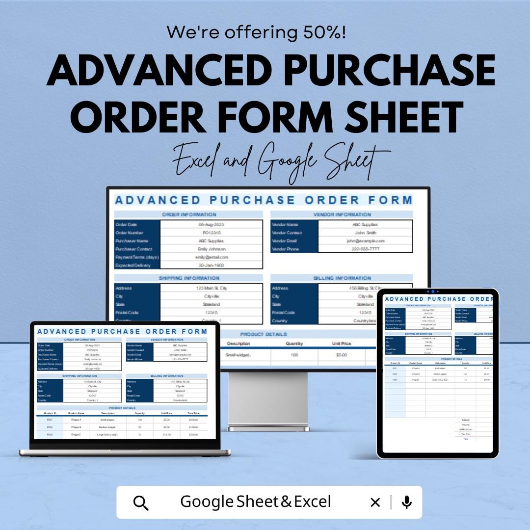 Advanced Purchase Order Form Sheet | Google Sheets Template | Vendor & Product Management | Automated Budget Tracking | Customizable