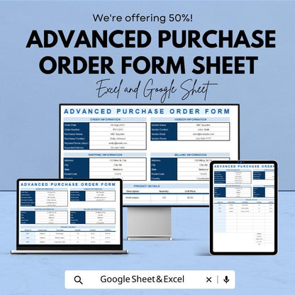 Advanced Purchase Order Form Sheet | Google Sheets Template | Vendor & Product Management | Automated Budget Tracking | Customizable