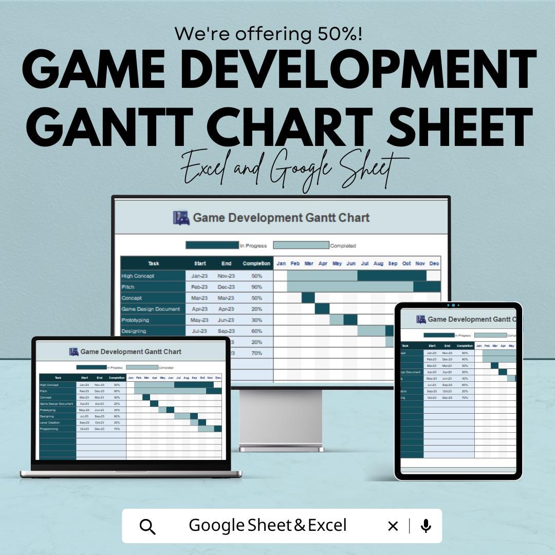 Game Development Gantt Chart Sheet | Excel and Google Sheets | Project Timeline, Milestone & Task Management