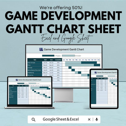 Game Development Gantt Chart Sheet | Excel and Google Sheets | Project Timeline, Milestone & Task Management
