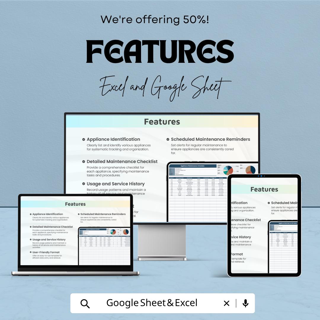 Appliance Maintenance Schedule Template | Home Maintenance Tracker | Equipment Maintenance Log | Preventive Maintenance Planner