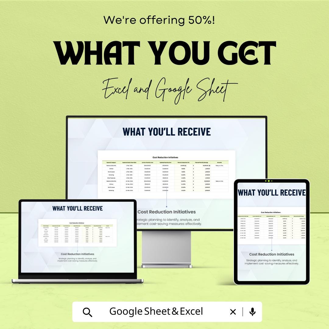 Financial Cost Reduction Planner Sheet | Excel and Google Sheet Template for Budgeting & Expense Management