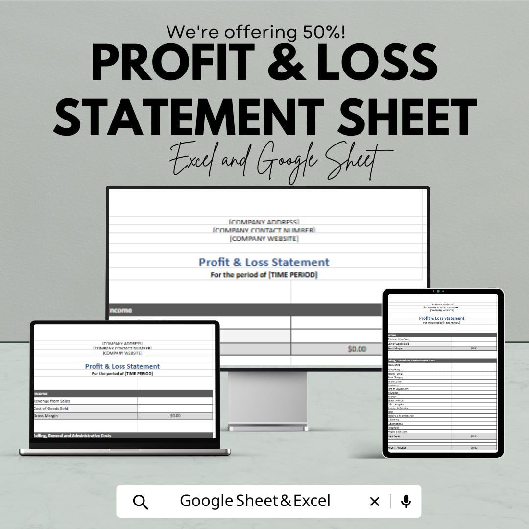 Profit and Loss Statement Sheet | Excel and Google Sheets | Business Finance Tracker | Printable P&L Template | Small Business Accounting