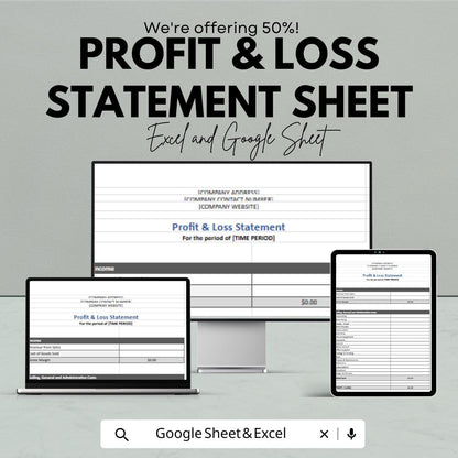 Profit and Loss Statement Sheet | Excel and Google Sheets | Business Finance Tracker | Printable P&L Template | Small Business Accounting