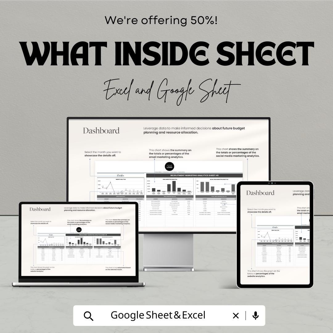 Recruitment Marketing Analytics Sheet HR Template | HR Dashboard Excel Google Sheet | Recruitment KPI Tracker | Recruitment Metrics Template
