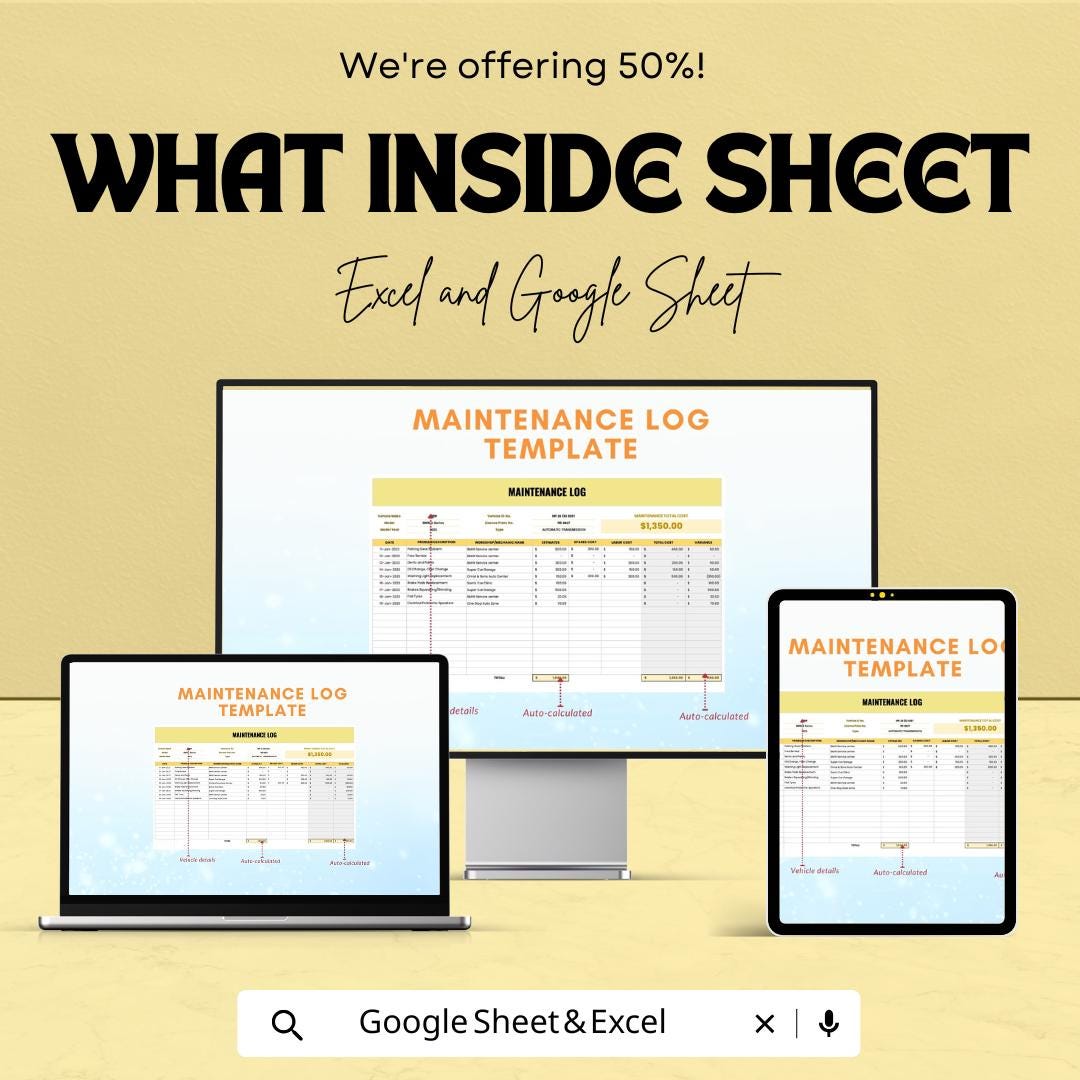 Maintenance Log Sheet | Asset Tracking Template | Equipment and Maintenance Management | Excel & Google Sheets Template | Auto-Calculation
