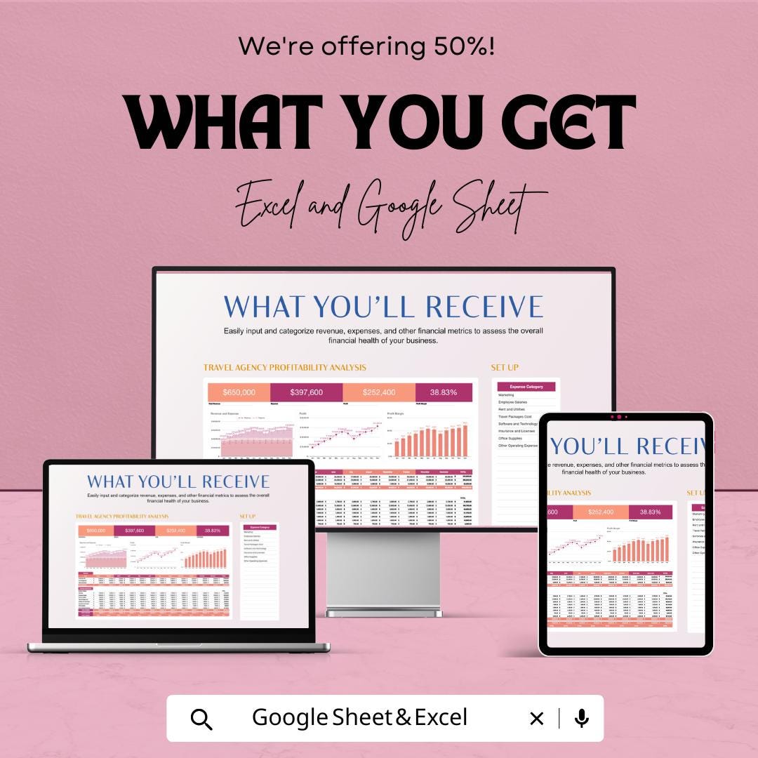 Travel Agency Profitability Analysis Template | Revenue Expense Tracker | Travel Business Finance Dashboard | Excel & Google Sheets