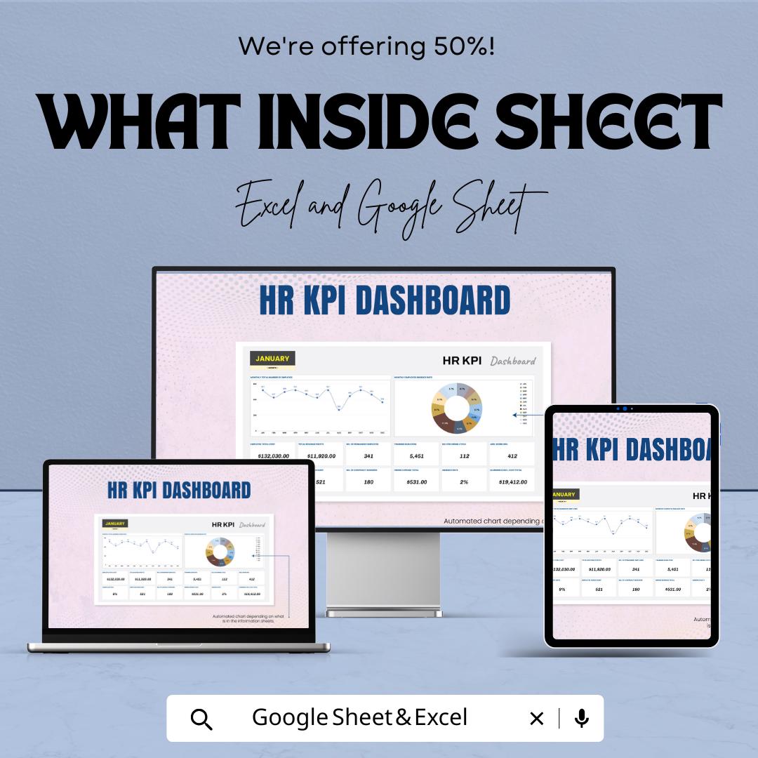 KPI Dashboard Template - Google Sheet and Excel - Employee Performance and Metrics Tracker - KPI Dashboard Sheet - HR Analytics Tool