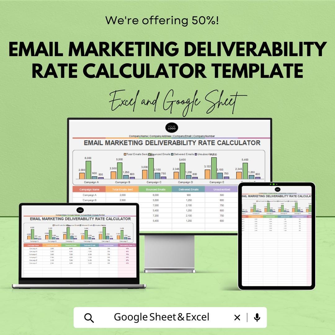 Email Marketing Deliverability Rate Calculator Template | Deliverability Tracker | Email Performance Calculator | Email KPI Reporting Tool