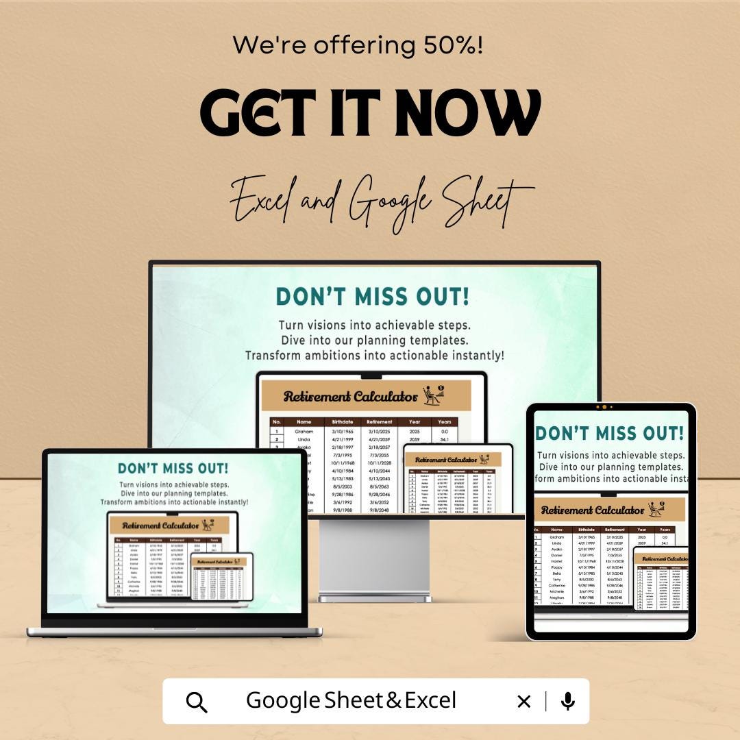 Retirement Calculator Template | Retirement Age Calculator | Planning Worksheet | Editable Spreadsheet | Retirement Tracker