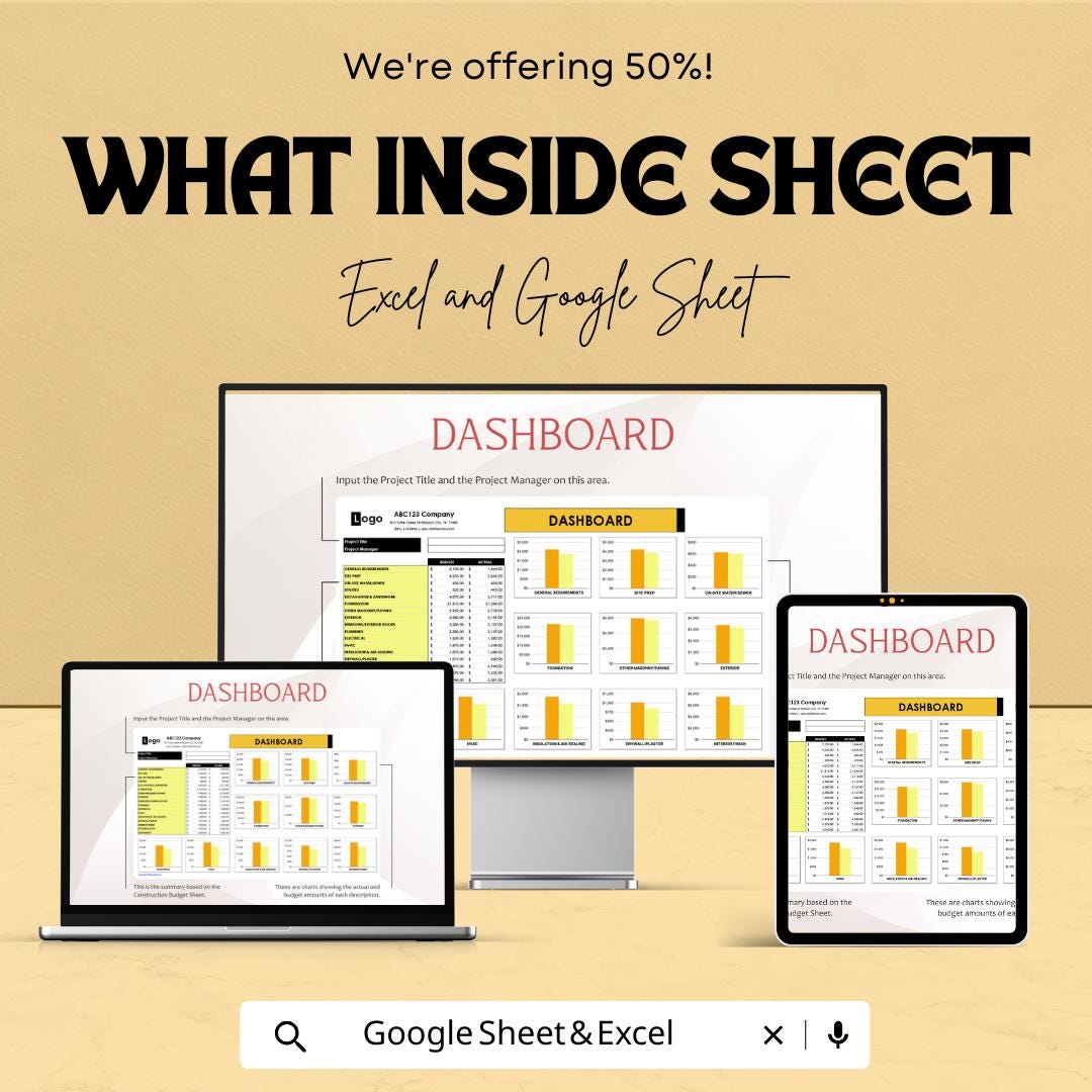 Construction Project Budget Sheet Template | Construction Budget Tracker | Budget Dashboard | Contractor Cost Estimator