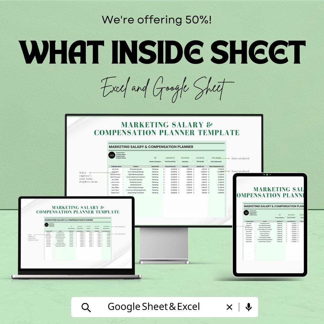 Marketing Salary & Compensation Planner - Excel and Google Sheet Template for HR, Salary Structures, Employee Compensation, and Bonuses