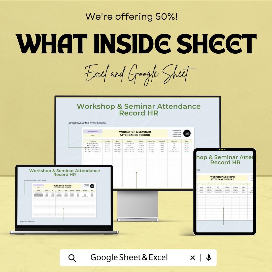 Workshop & Seminar Attendance Record HR Template | Excel and Google Sheets | Training Attendance Tracker | Employee Event Log Spreadsheet