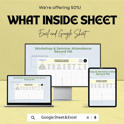 Workshop & Seminar Attendance Record HR Template | Excel and Google Sheets | Training Attendance Tracker | Employee Event Log Spreadsheet