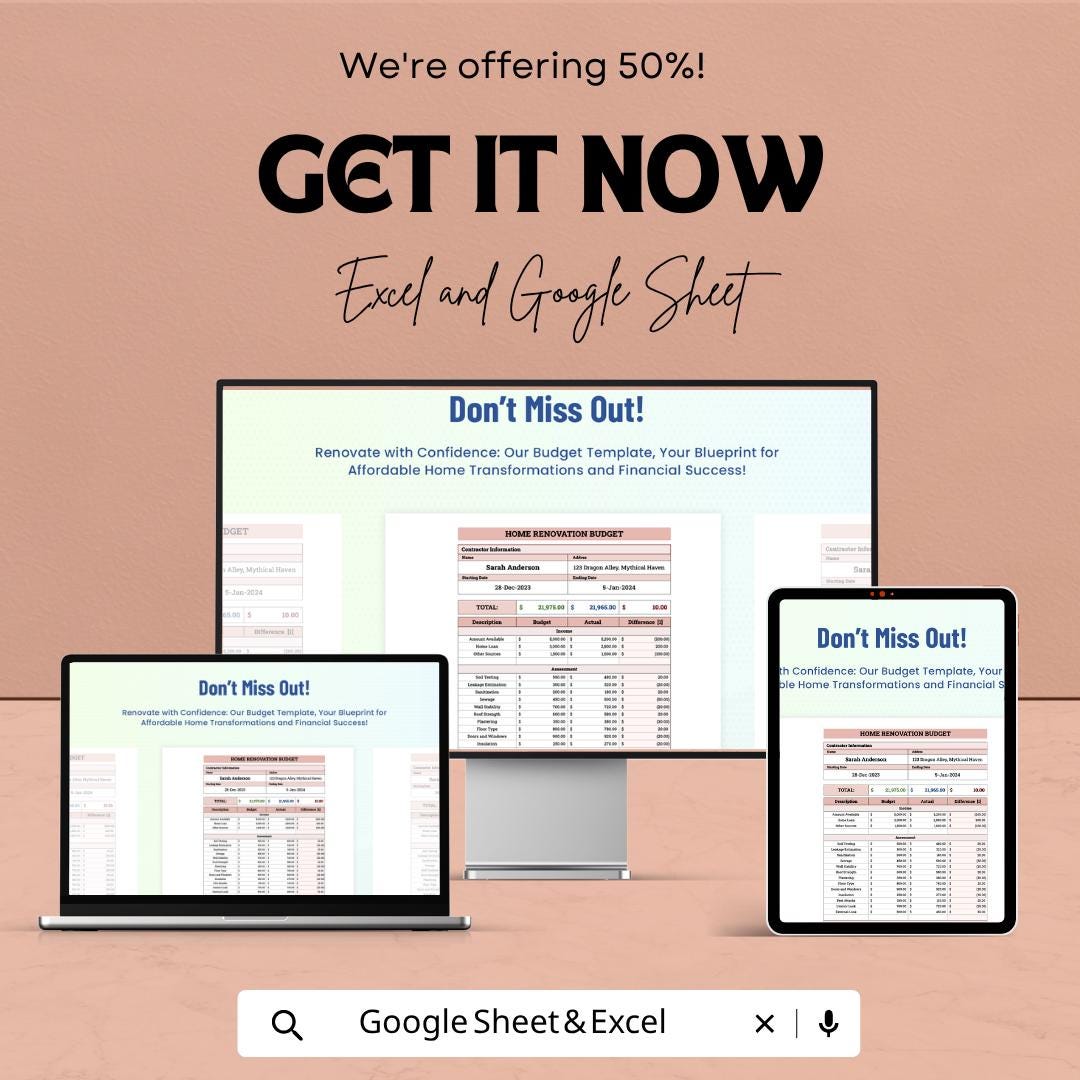 Sample Home Renovation Budget Template | Home Remodel Budget Spreadsheet | Renovation Cost Planner | Excel & Google Sheets
