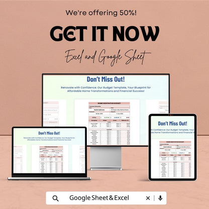 Sample Home Renovation Budget Template | Home Remodel Budget Spreadsheet | Renovation Cost Planner | Excel & Google Sheets