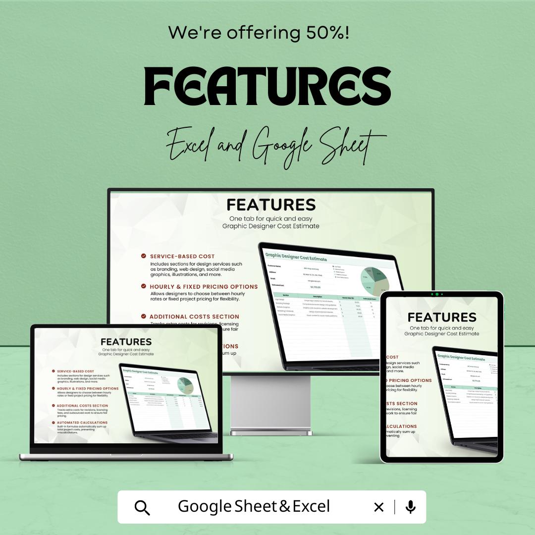 Graphic Designer Cost Estimate Sheet | Excel and Google Sheets | Freelance and Agency Template | Budgeting & Pricing Tool |