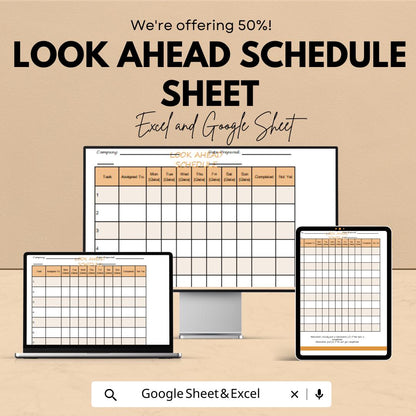 Look Ahead Schedule Sheet – Excel and Google Sheet Template | Task & Time Management Planner | 50% Off