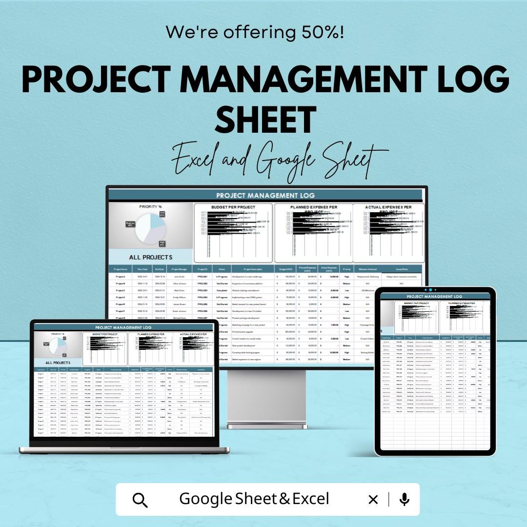 Project Management Log Sheet | Excel and Google Sheets Template | Track Projects, Budget & Expenses | Project Planning and Task Tracker