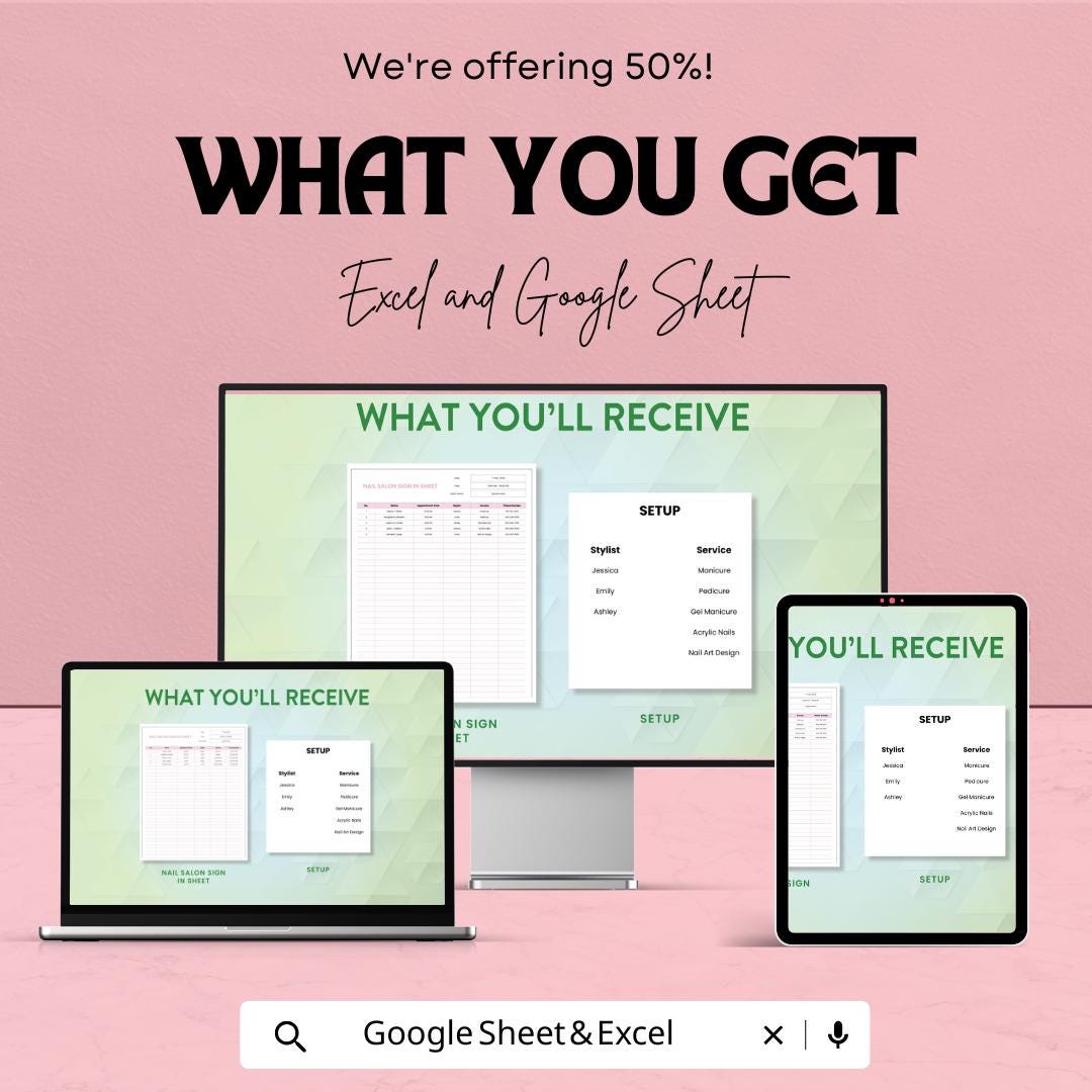 Nail Salon Sign-in Sheet Template - Excel and Google Sheets - Salon Appointment Scheduling - Track Clients & Services - Easy to Use