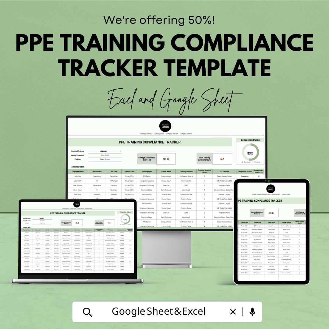 PPE Training Compliance Tracker Template, Safety Training Log, OSHA Compliance Spreadsheet, Employee Training Tracker, Excel & Google Sheets