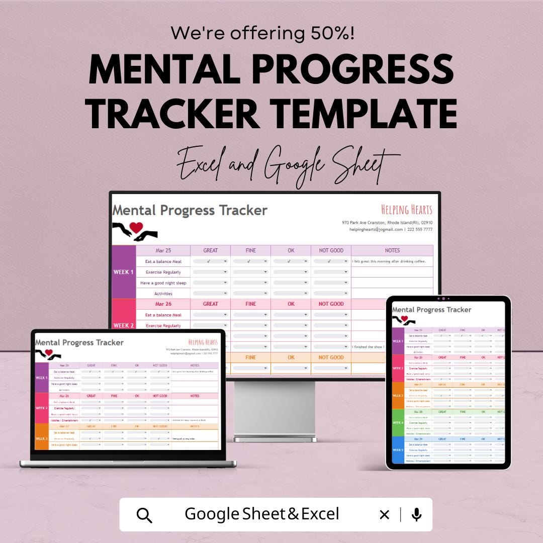 Mental Progress Tracker Template | Mental Health Journal Spreadsheet | Mood & Wellness Tracker | Self Care Progress Log