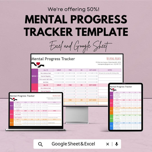 Mental Progress Tracker Template | Mental Health Journal Spreadsheet | Mood & Wellness Tracker | Self Care Progress Log