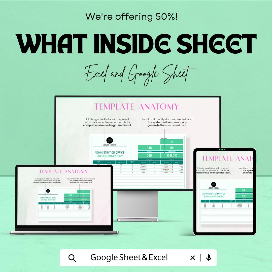 Administration Office Supplies Inventory Template | Excel & Google Sheets | Office Inventory Tracker | Supply Stock Management Spreadsheet