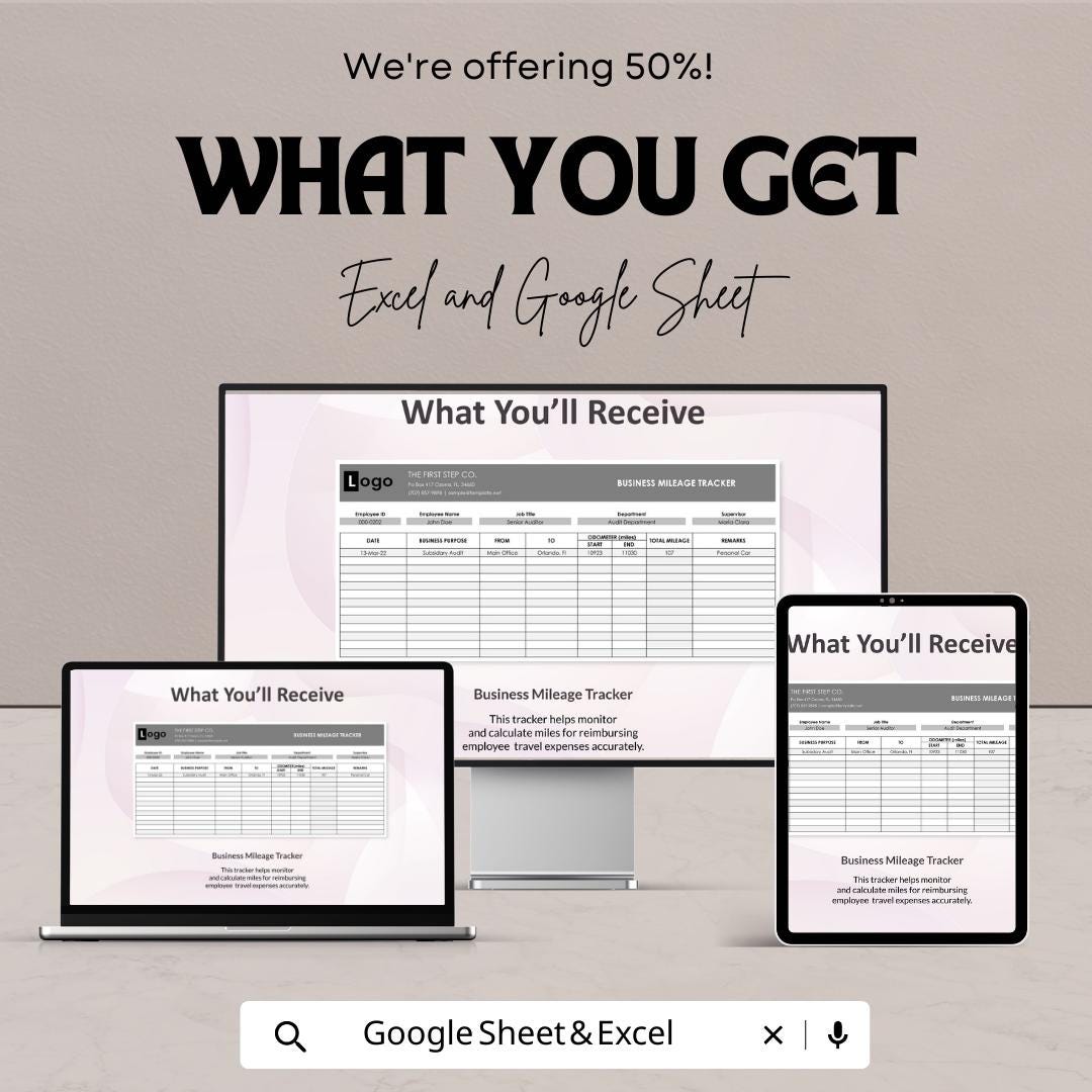 Employee Mileage Tracker Template Excel Google Sheets, Business Mileage Log Spreadsheet, Mileage Reimbursement Tracker, Travel Log Book