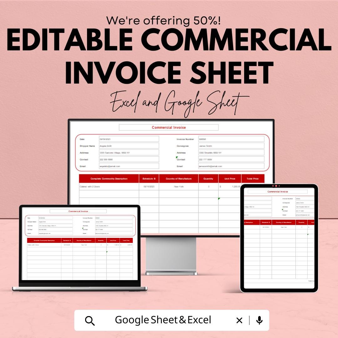 Editable Commercial Invoice Template | Excel & Google Sheets | Customizable Invoice for Business Transactions | Instant Download