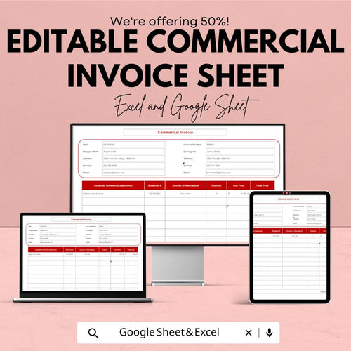Editable Commercial Invoice Template | Excel & Google Sheets | Customizable Invoice for Business Transactions | Instant Download