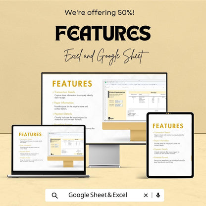 Basic Receipt Sheet for Excel & Google Sheets – Simple Receipt Template, Editable Invoice, Payment Record, Cash Receipt, 50% Off