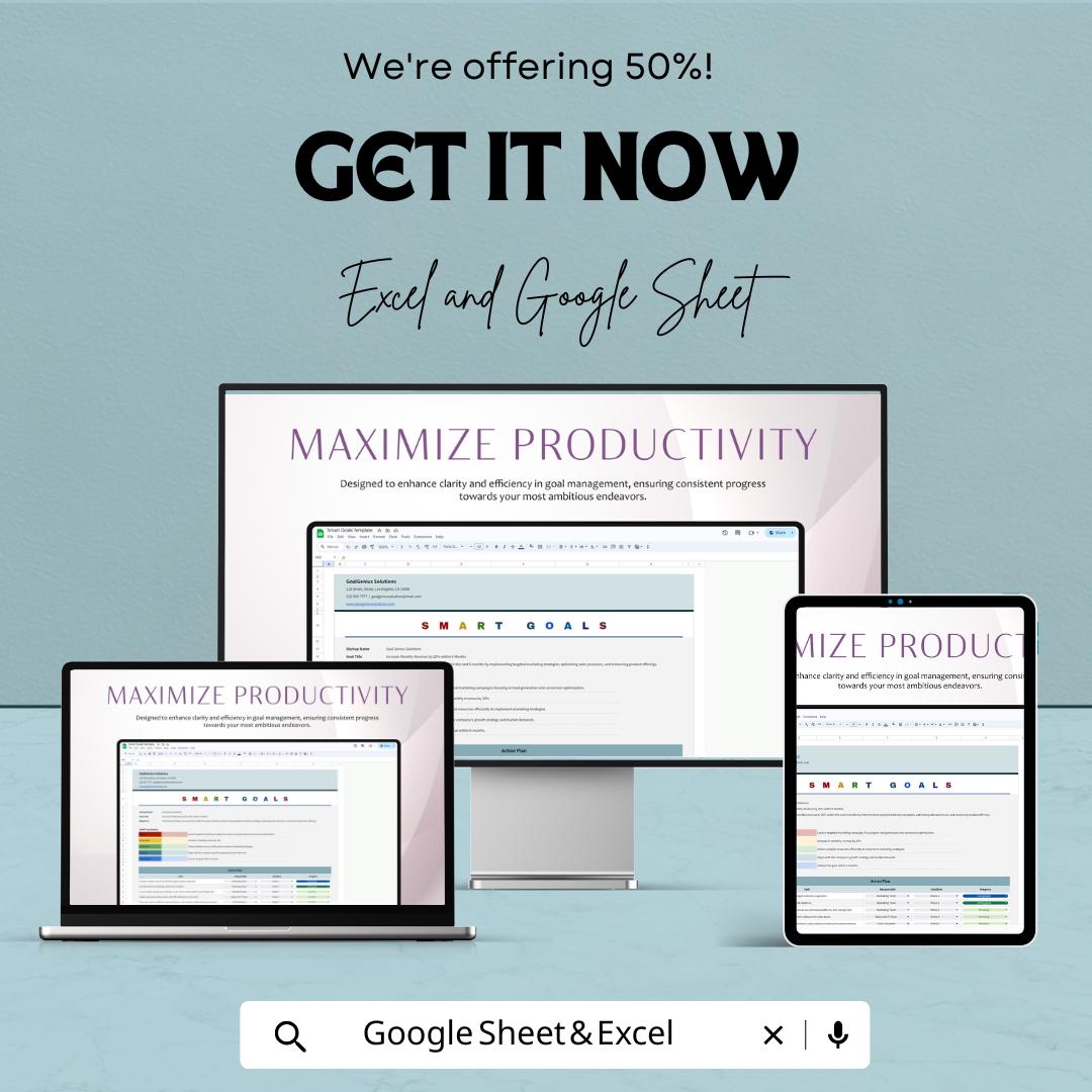 Smart Goals Sheet | Excel and Google Sheets Template | Goal Setting, Progress Tracker & Productivity Planner | Instant Download