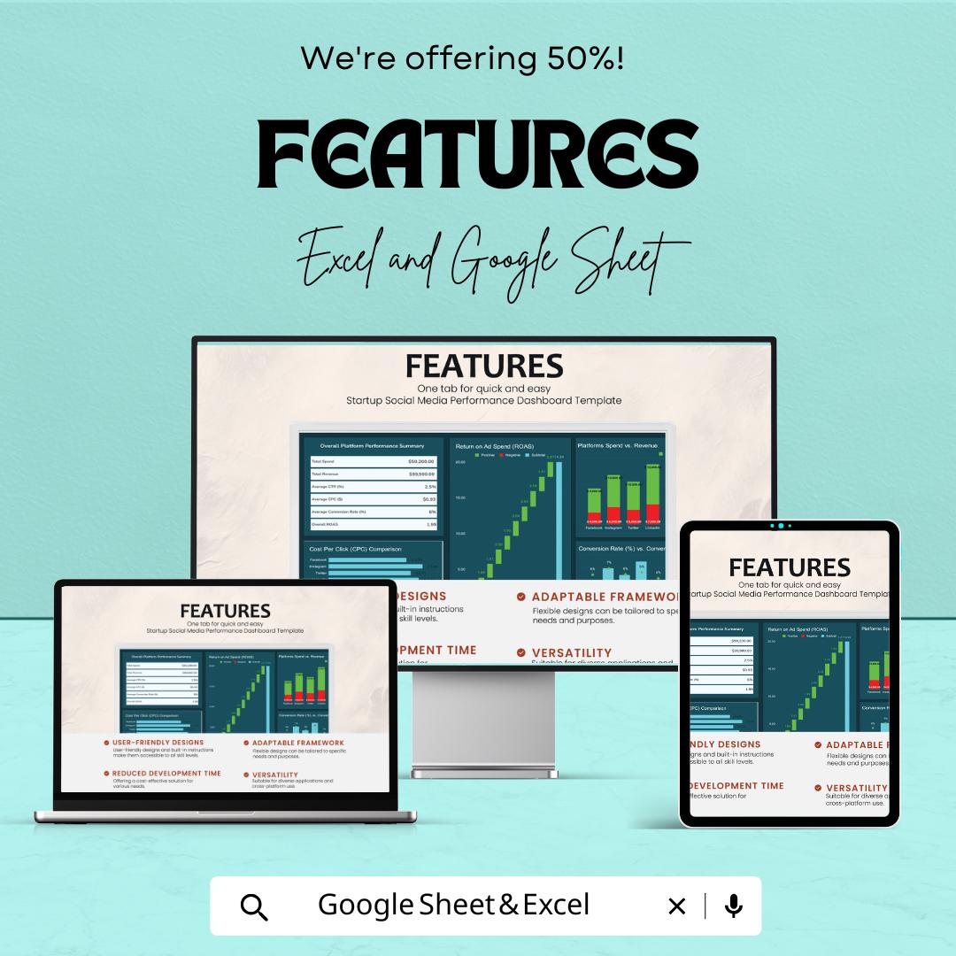 Startup Social Media Performance Dashboard Template | Social Media Analytics Spreadsheet | Marketing KPI Tracker | Excel and Google Sheets |