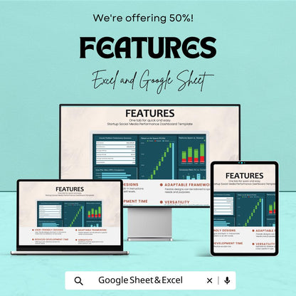 Startup Social Media Performance Dashboard Template | Social Media Analytics Spreadsheet | Marketing KPI Tracker | Excel and Google Sheets |