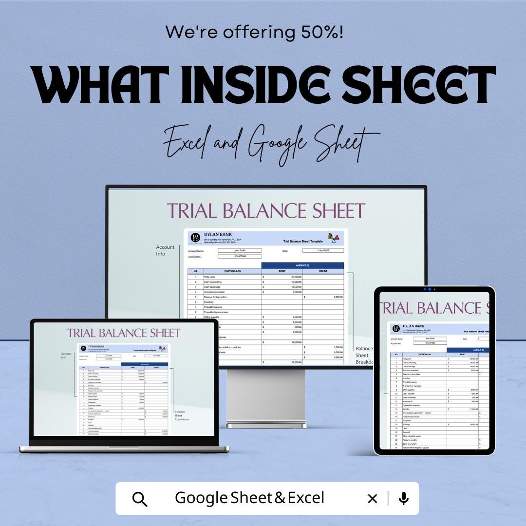 Trial Balance Sheet Template | Accounting Trial Balance | Debit and Credit Ledger | Bookkeeping Template | Finance Spreadsheet