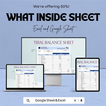 Trial Balance Sheet Template | Accounting Trial Balance | Debit and Credit Ledger | Bookkeeping Template | Finance Spreadsheet