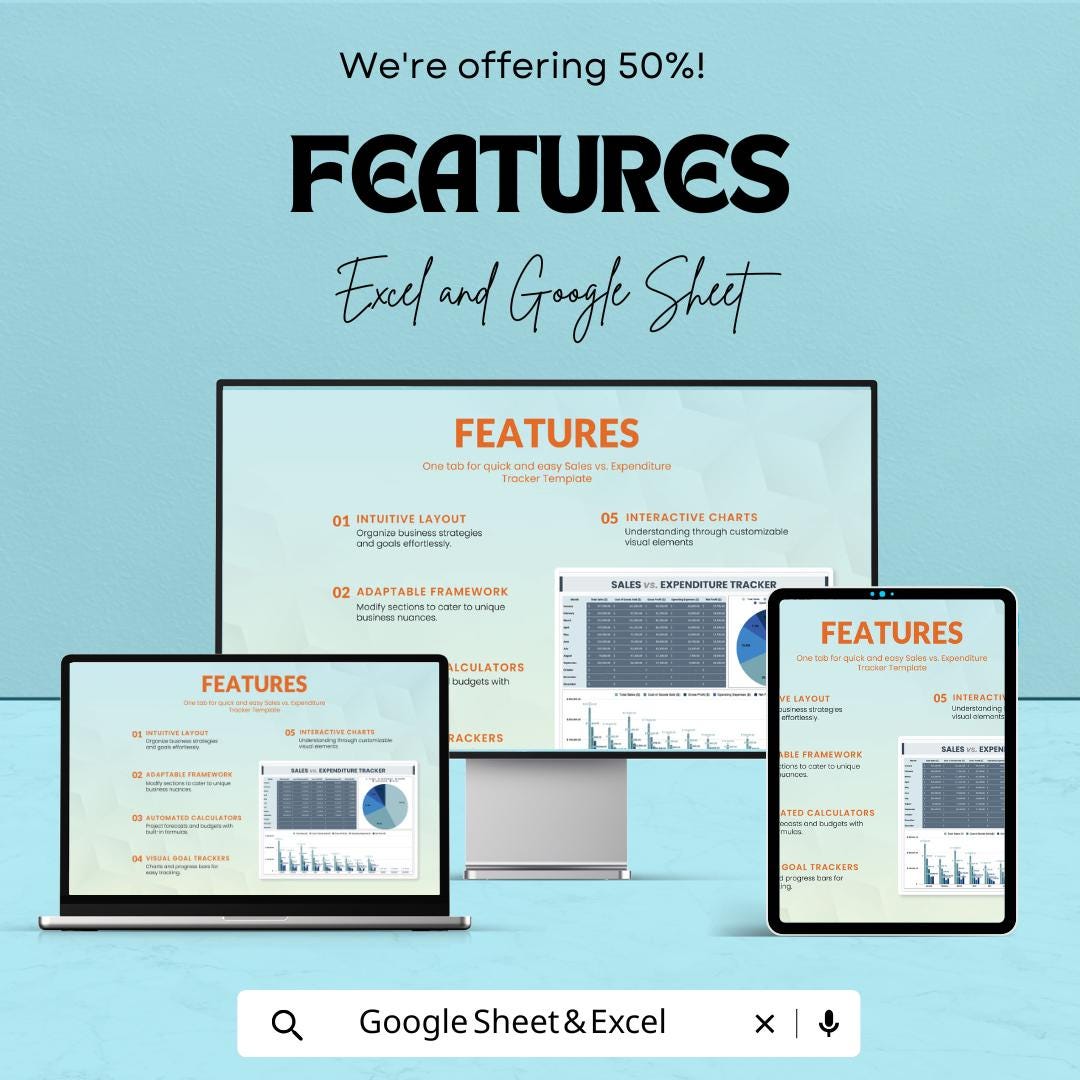 Sales vs Expenditure Tracker Template | Excel and Google Sheets | Business Budget Tracker | Income and Expense Dashboard |