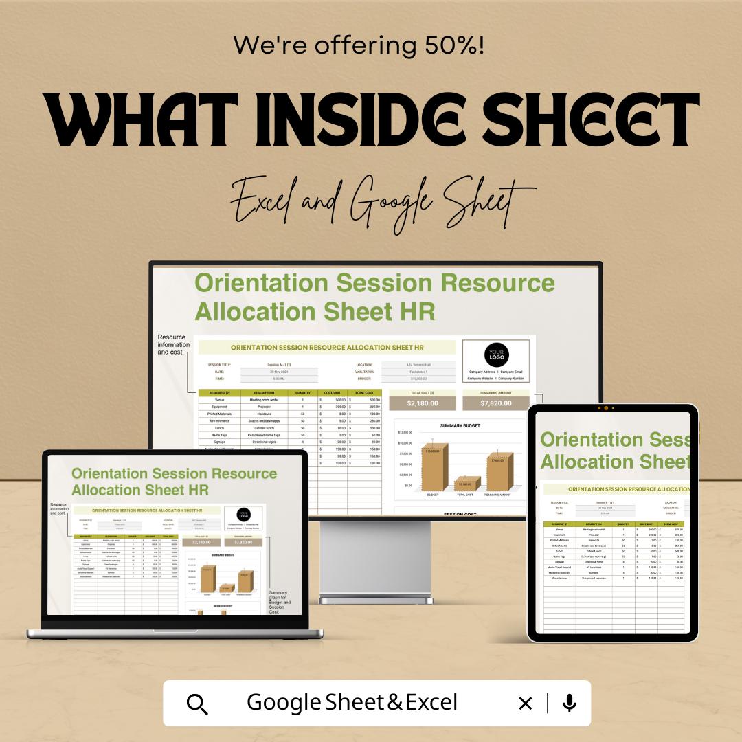 Orientation Session Resource Allocation Sheet HR Template | Onboarding Budget Planner | HR Resource Tracker | Excel & Google Sheets