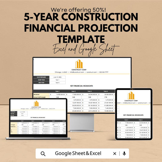 5-Year Construction Financial Projection Template, Construction Budget, Financial Forecast Model,  Construction Finance, Project Cash Flow