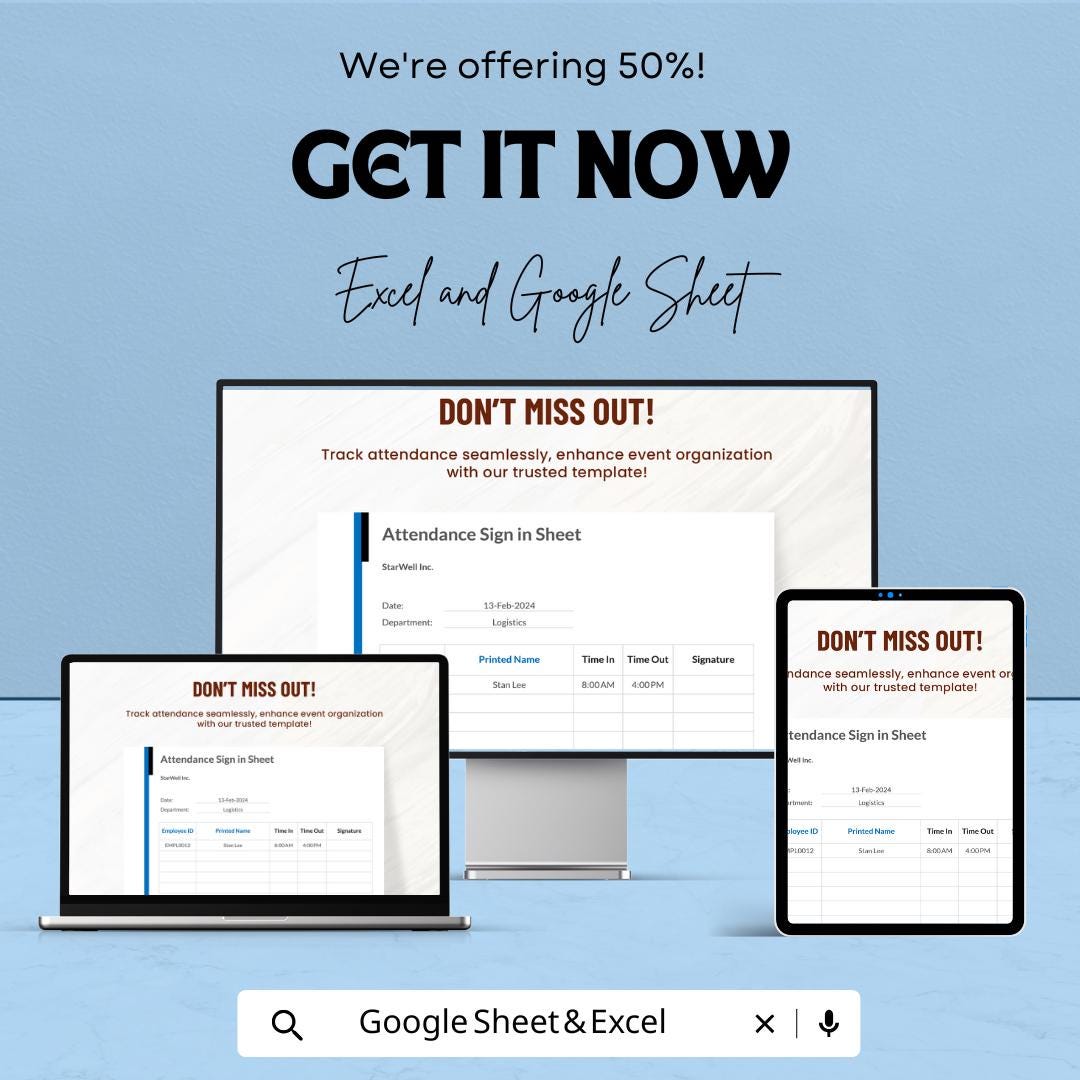 Attendance Sign-In Sheet | Excel & Google Sheets Template | Employee Attendance Tracker | Event Sign-In Sheet | Instant Download