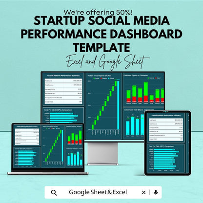 Startup Social Media Performance Dashboard Template | Social Media Analytics Spreadsheet | Marketing KPI Tracker | Excel and Google Sheets |