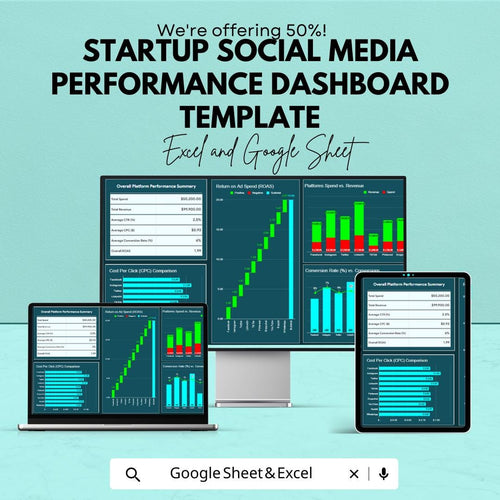 Startup Social Media Performance Dashboard Template | Social Media Analytics Spreadsheet | Marketing KPI Tracker | Excel and Google Sheets |